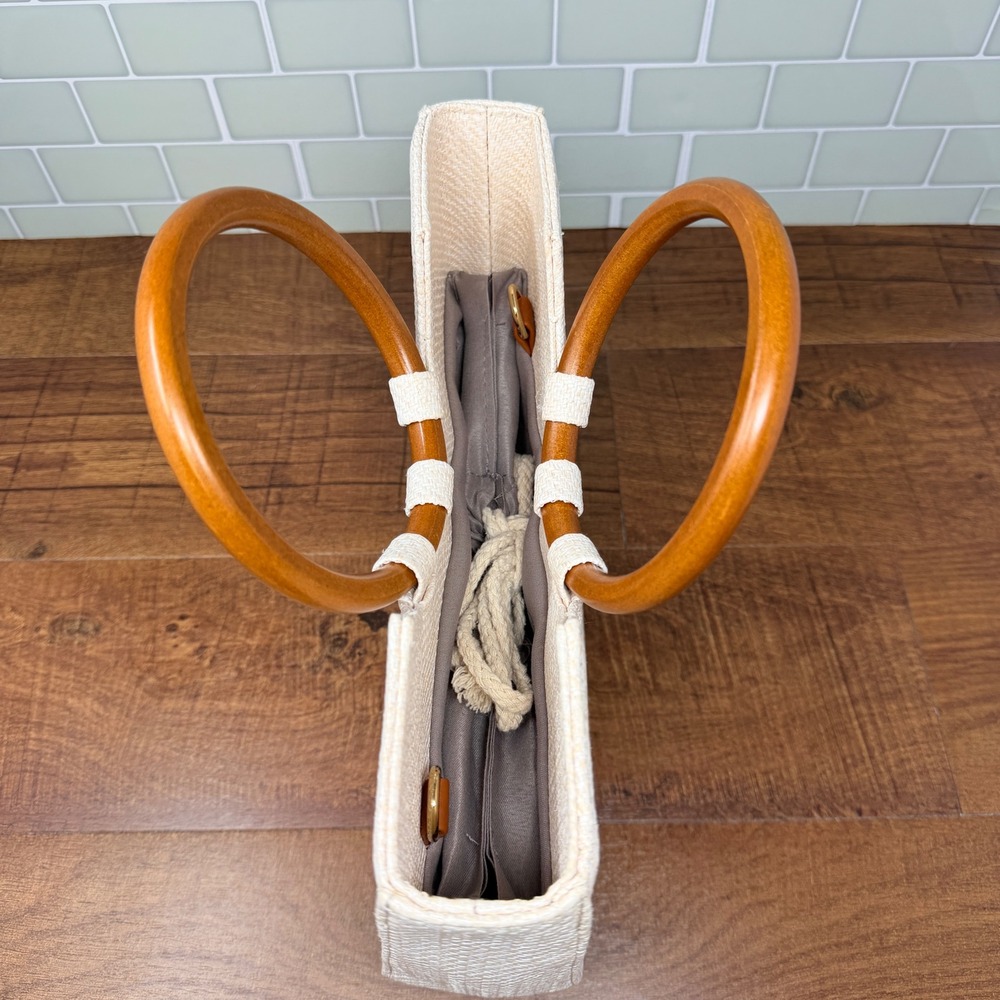 Boho Woven Versatile Straw Satchel/Hand/Shoulder Bag Wood Ring Handles - Picture 9 of 16